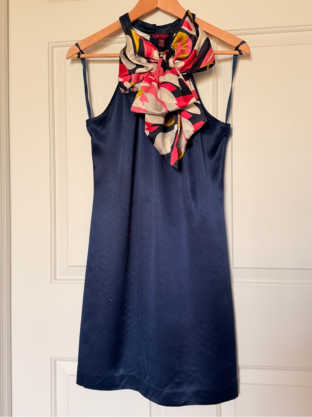 Ted Baker Navy Satin Mini Dress with Floral Tie Neck